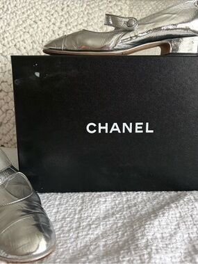 CHANEL Silver Metallic Slingback Mules